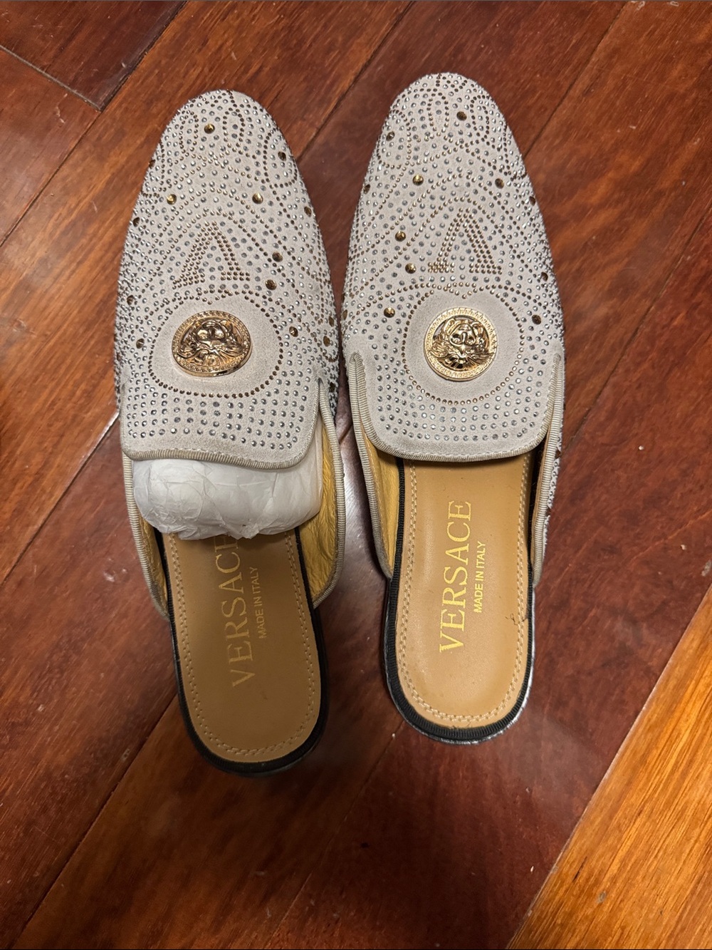 Versace Beige Crystal-Studded Medusa Backless Loafers